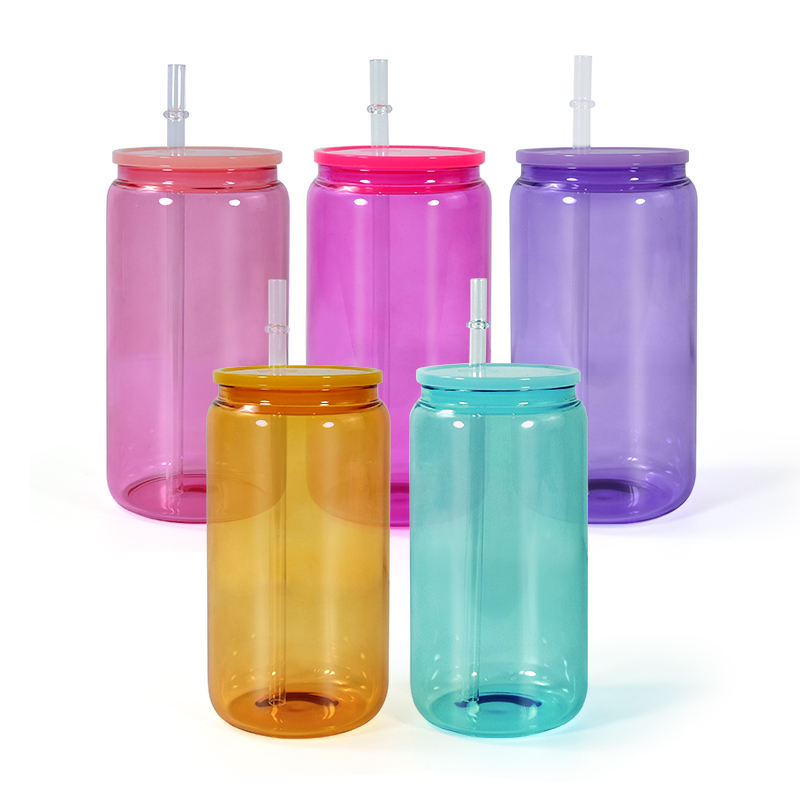 16oz（32Pack） Colorful Glass Can Sublimation Glass Tumblers With Color Plastic Straw and Lid