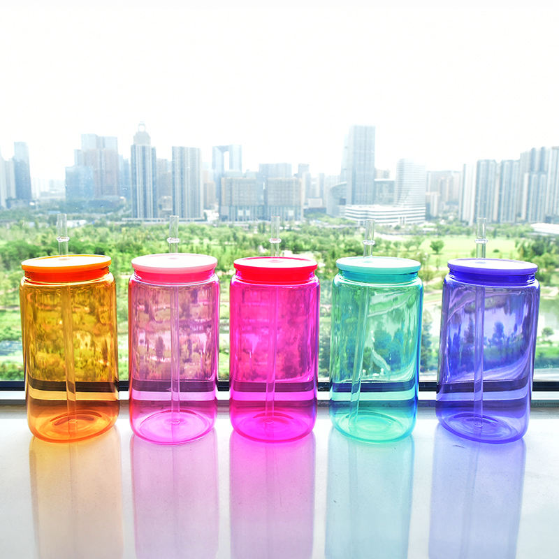 16oz（32Pack） Colorful Glass Can Sublimation Glass Tumblers With Color Plastic Straw and Lid