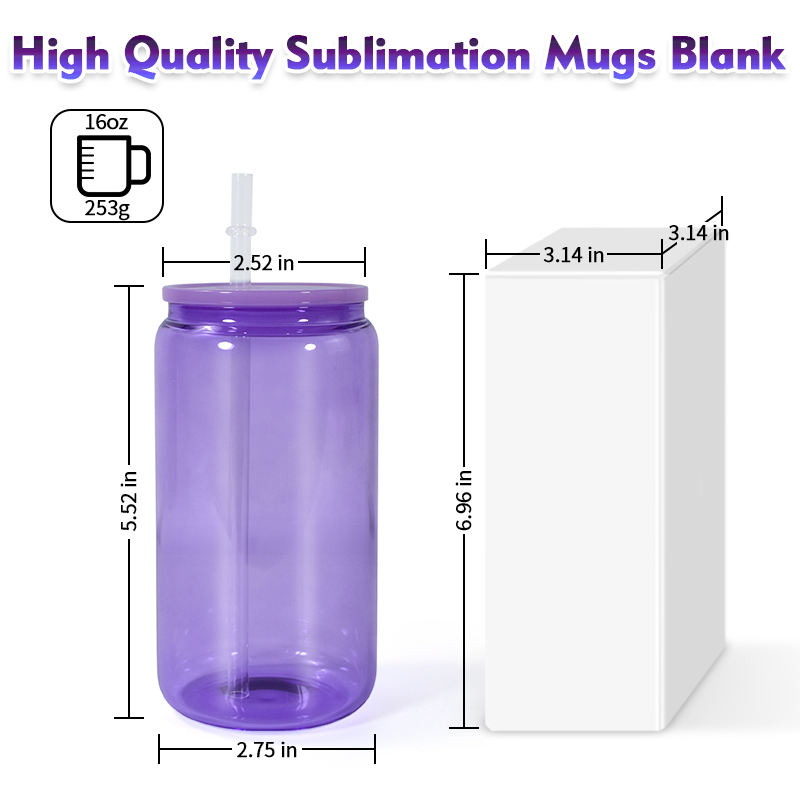 16oz（32Pack） Colorful Glass Can Sublimation Glass Tumblers With Color Plastic Straw and Lid