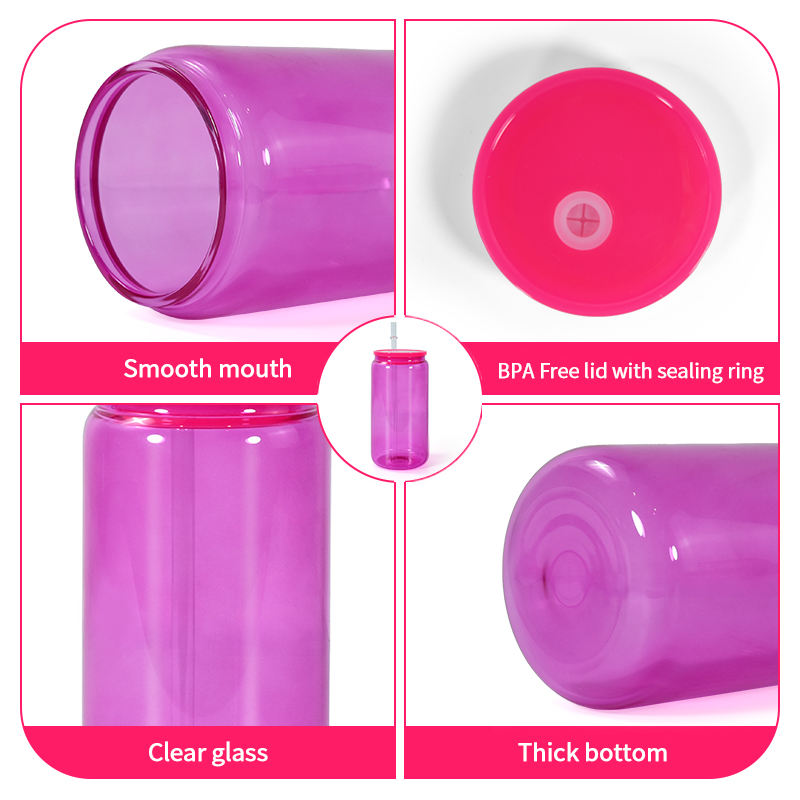 16oz（32Pack） Colorful Glass Can Sublimation Glass Tumblers With Color Plastic Straw and Lid